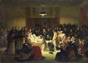 Os últimos momentos de Charles-Ferdinand da França (1778-1820) na sala de administração da Ópera de Paris, 14 de fevereiro de 1820, c.1828 de Alexandre Menjaud