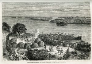 O acampamento fortifica a expedição para se proteger dos canibais Mouana Ntaba, perto do rio Leopold (Congo), desenhada por A.De Bar, para ilustrar a história "Do outro lado do continente misterioso", uma viagem feita entre 1874-1877, por Sir H.M. Stanley.