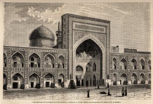 Pátio interno da mesquita do Imã Aly Riza a Mashhad, desenho de A. de Bar, para ilustrar a viagem a Khorasan (Khorasan, Chorasan ou Khurasan) em 1858, de N. de Khanikof. Gravura em "Le tour du monde", 1861. A coleção de Selva.