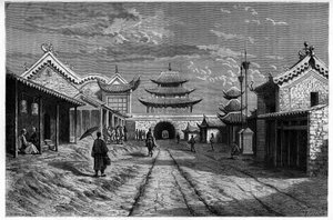 Vista de uma rua em "Youn Tchen Sian", China. Gravura após um desenho de A. de Bar, em "Le Tour du Monde, Nouveau journal des Voyages", editado por Edouard Charton, Paris