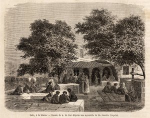 Vista de um café em La Marsa (Tunísia), desenho de A.de Bar, para ilustrar uma viagem a Tunísia, em 1859, de Amable Crapelet. Gravura em "Le tour du monde", editado por Edouard Charton