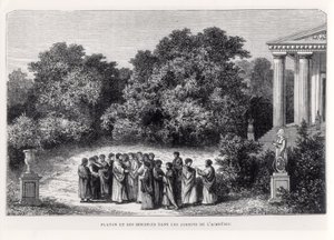 Platão (c.427-c.348 aC) e seus discípulos no Jardim da Academia, de "La Vie des Savants Illustres", de Louis Figuier, gravados por Laplante, c.1870 de Alexandre de Bar