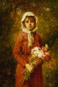 Uma jovem garota segurando um buquê de flores,
