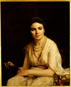 Retrato, mulher, desgastar, pérola, colar, segurando, ventilador