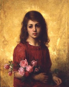 Retrato de uma jovem segurando um ramo de rosas de Alexei Alexevich Harlamoff