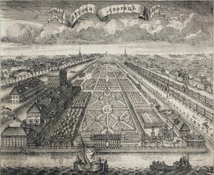 Vista dos jardins de verão do rio Neva, 1717