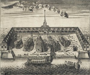 Vista do Estaleiro do Almirantado em São Petersburgo, 1717 de Alexei Ivanovich Rostovtsev