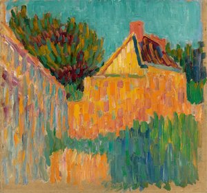 Pequena casa na frente de arbustos, c. 1907.