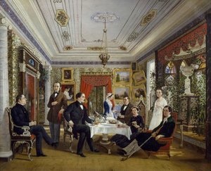 A família Tarnovskj a beber chá à mesa de Alexei Yakovlevich Voloskov