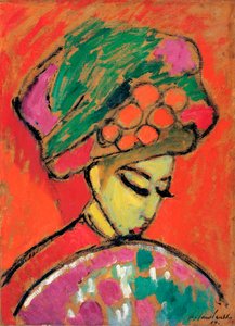 Menina com um chapéu florido - Pintura por Alexei von Javlensky (1864-1941) óleo sobre cartão, 67,5x49 cm de Alexej von Jawlensky