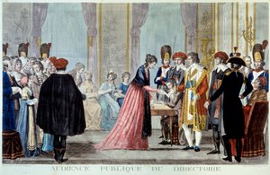 Uma audiência pública da Diretoria Executiva (1795-1798) O público vem apresentar suas solicitações ou reclamações perante o representante do Estado. Gravura de Alexis Chataignier (1772-1817) 1795. Paris, B.N. de Alexis Chataignier