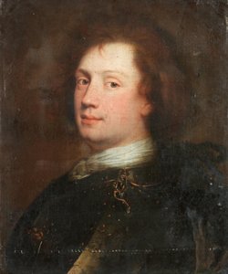 Retrato de um homem, à altura do busto, com uma gravata branca e uma armadura