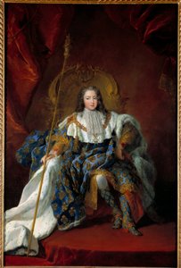 Retrato de Luís XV (1710-1774) criança no seu trono coberto pelo traje e atributos da Pintura sagrada de Alexis Simon Belle (1674-1734) 1723 Sol. 2,26x1,8 m - Retrato de Luís XV (1710-1774), como uma criança no seu trono com vestido de coroação - Pai
