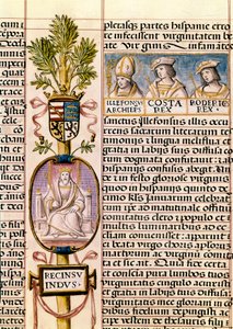 Retrato de Flavius ​​​​Recceswinth, Rei dos Visigodos da Espanha de 653 até sua morte em 672, miniatura em "Genealogia dos Reis da Espanha" de Alfonso de Cartagena