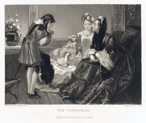 A confissão, relacionada com uma história com o mesmo título, uma mulher com um grande vestido preto inclina-se para a frente para ouvir a confissão de um rapaz, que cobre o rosto com as mãos
