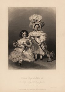 Visconde Grey de Wilton e Elizabeth Grey Egerton, filhos de Thomas Egerton, 2º Conde de Wilton. Filha com argolas e vestido de babado segurando uma boneca, e filho com vestido e gorro de penas segurando uma fita amarrada a um cavalo de brinquedo. Gravura d