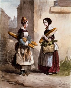 Pequenos meandros: a padaria. O jovem comerciante de pão ambulante. Impressão de Alfred Andre Geniole (1813-1861) de "Les femmes de Paris" 1841-1842 Paris, Musee Carnavalet