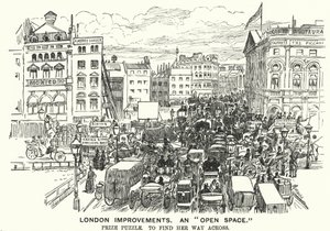 Soco cartoon: London Improvements. Um "Espaço Aberto" - congestionamento de trânsito em Londres vitoriana (gravação) de Alfred Chantrey Corbould