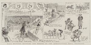 Corrida entre bicicletas e cavalos no salão agrícola, Islington