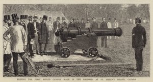 Testando o primeiro canhão de rifle feito nas colônias na ilha de Santa Helena, Canadá de Alfred Chantrey Corbould