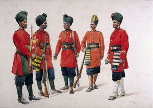 Soldados da Ex-Infantaria Contingente de Hyderabad, ilustração para "Exércitos da Índia" pelo Major GF MacMunn, publicado em 1911, 1910
