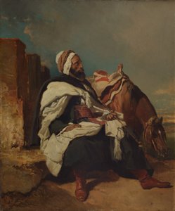 Homem árabe sentado com cavalo, possivelmente ca. 1850-58.