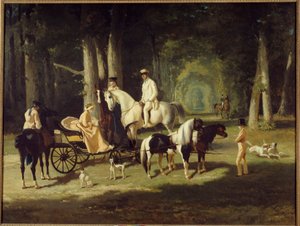 O Sr. e a Sra. A. Mosselman e as suas duas filhas andam a cavalo pela floresta. Pintura de Alfred de Dreux (1810-1860) 1848 Sol. 2x2,65 m Paris, museu do Petite Palais