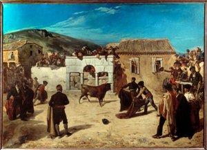 Novillada tem a Cena Escurial de touradas entre touros jovens e jovens toureiros na Espanha. Pintura de Alfred Dehodencq (1822-1882) 1850 Sol. 1,49x2,08 m Pau, Museu de Belas Artes