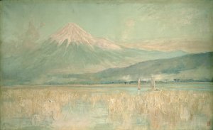 Amanhecer na montanha sagrada, o sol Fuji meio escondido nas nuvens, 1889