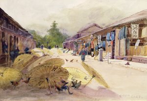Secagem de Guarda-chuvas depois de uma tempestade, c.1889 (aguarela sobre papel) de Alfred East