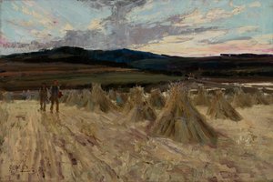 Colheitadeiras ao pôr do sol (óleo sobre tela)