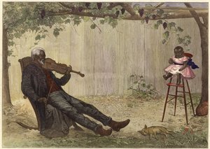 Homem negro velho a tocar violino para um bebé (gravura a cores) de Alfred Edward (after) Emslie