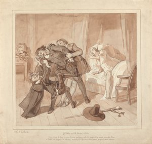 Gil Blas, Enquanto Pratica Medicina sob a orientação do Dr. Sangrado, Encontra o Dr. Cuchillo na Cabeceira da Mercearia de Alfred Edward Chalon
