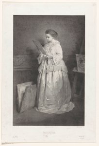 Jovem mulher olha para uma estampa ou desenho
Indiscrétion (título sobre o objecto) de Alfred François Lemoine