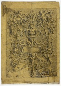 Desenho decorativo com putti e grifos