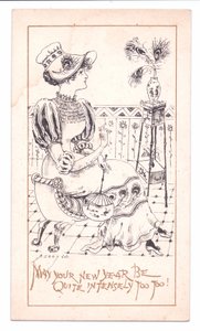 Cartão de Ano Novo vitoriano de um Estético admirando um vaso de penas de pavão, c.1881 (monocromático) de Alfred Gray