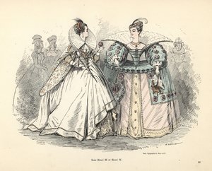 Caricatura de trajes femininos na época do rei Henrique III e IV de Alfred Grevin