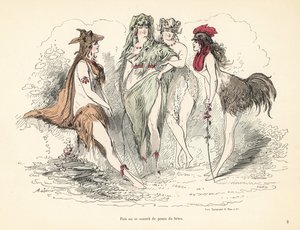 Mulher com trajes de peles, cabeças e penas de animais. de Alfred Grevin