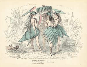 Mulheres vestidas apenas com vestidos de folhas de figueira e chapéus, segurando pa folhas