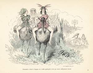Mulheres com peles e penas de animais montando avestruzes e cisnes. de Alfred Grevin