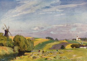 Dinamarca: Uma paisagem típica da Dinamarca, Jutlândia do Sul (cor litho)