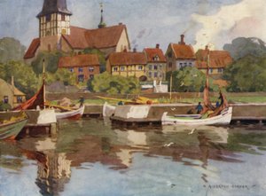 Dinamarca: Bornholm, Ronne Harbour (cor litho) de Alfred Heaton Cooper