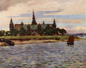 Dinamarca: Helsingor, Castelo de Kronborg (lito colorido) de Alfred Heaton Cooper
