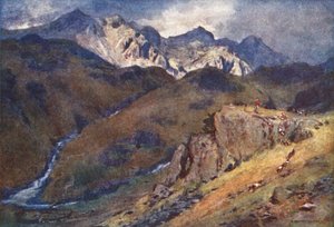 Região dos Lagos: A Fell Fox-hunt, Head of Eskdale and Scawfell (litografia a cores) de Alfred Heaton Cooper
