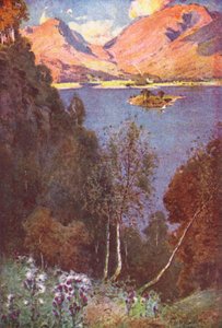Região dos lagos: Um vislumbre de Grasmere, sol da tarde (litografia a cores) de Alfred Heaton Cooper