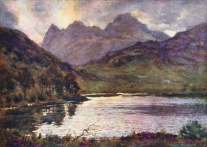 Região dos lagos: Blea Tarn e Langdale Pikes (litografia a cores) de Alfred Heaton Cooper