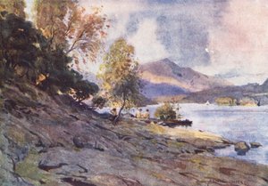 Região dos lagos: By the Shores of Derwentwater (litografia a cores) de Alfred Heaton Cooper
