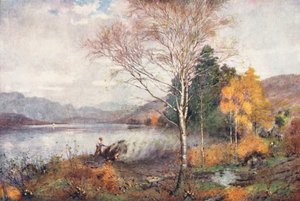 Região dos Lagos: Queimadores de carvão, Lago Coniston (litografia a cores) de Alfred Heaton Cooper