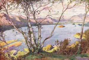 Região dos lagos: Derwentwater e Bassenthwaite Lake, a partir de High Lodore (litografia a cores) de Alfred Heaton Cooper