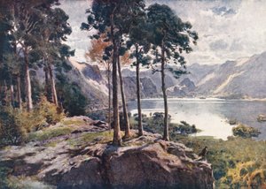 Distrito dos Lagos: Derwentwater, a partir de Castle Head, numa manhã luminosa (litografia a cores) de Alfred Heaton Cooper